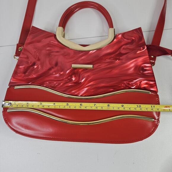 Retro Inspired Glossy Statement Handbag Red Gold Accents Acrylic Shoulder Purse - Picture 12 of 14